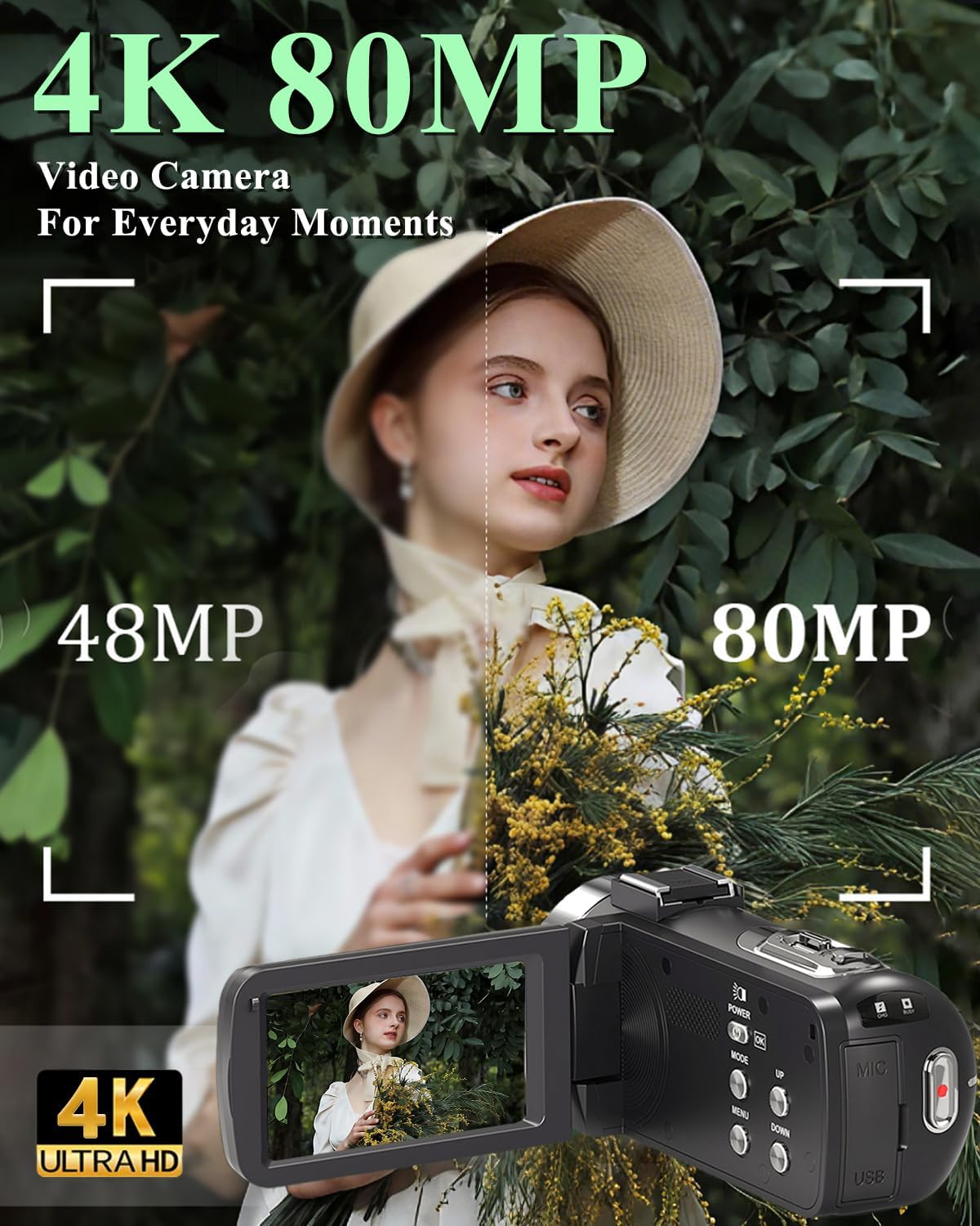 Camcorder Video Camera 4K UHD 80MP IR Night Vision Vlogging Camera for YouTube 18X Digital Zoom Camcorder Autofocus 3.0" 270° Rotation IPS Screen Video Recorder with 32G SD Card, Lens Cap, 2 Batteries - Image 2