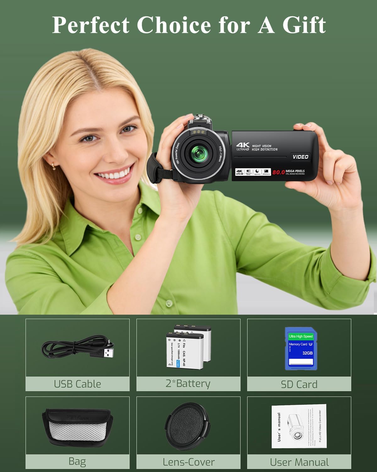 Camcorder Video Camera 4K UHD 80MP IR Night Vision Vlogging Camera for YouTube 18X Digital Zoom Camcorder Autofocus 3.0" 270° Rotation IPS Screen Video Recorder with 32G SD Card, Lens Cap, 2 Batteries - Image 7