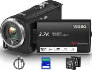 Video Camera Camcorder, QHD 2.7K 56MP 16X Digital Vlogging Camera with LED Fill Light for YouTube, 2.8'' 270° Rotation Screen Camcorder Camera with 32GB Card and Two Batteries