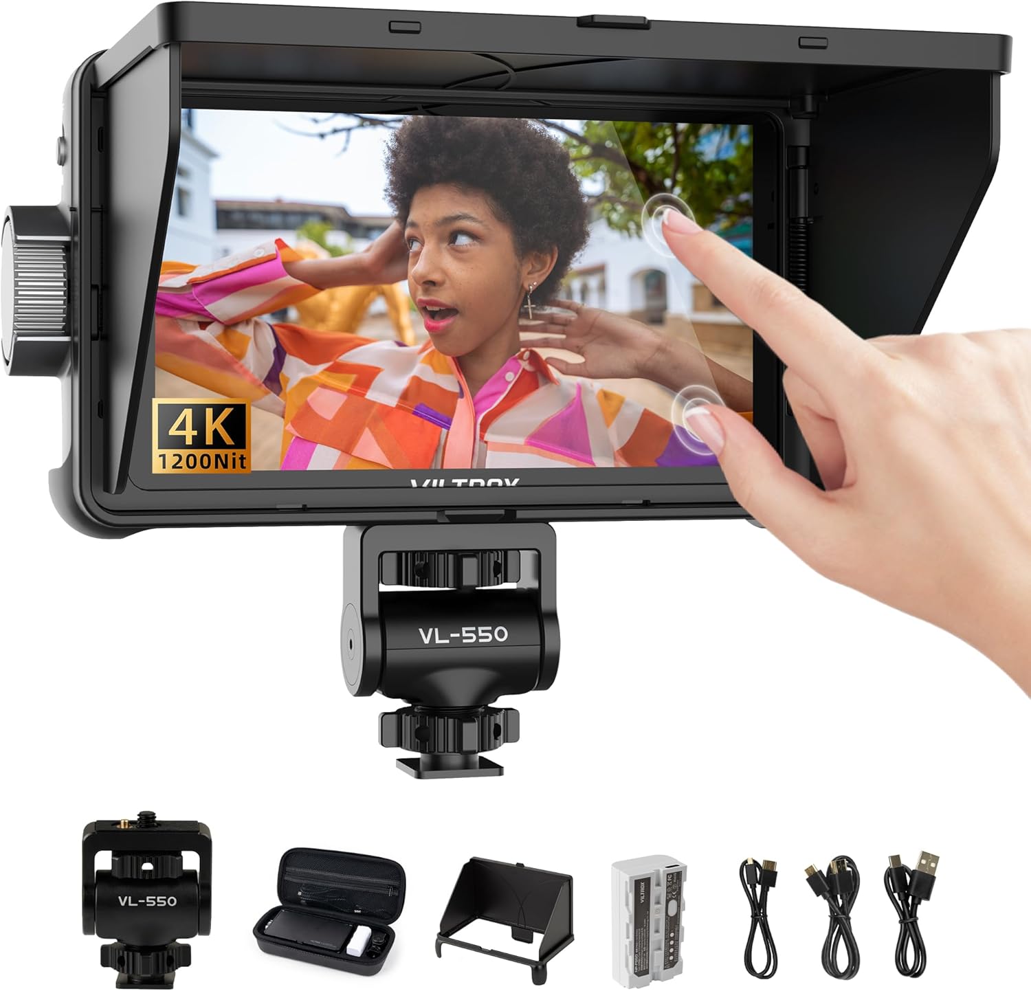 VILTROX DC-550 Touch Screen DSLR Camera Field Monitor 1200 Nits High-Bright 5.5 inch DSLR Camera Monitor with Sunshade Hood/Battery 3D LUT HDR 4K HDMI in and Out Exposure Focus Assist Waveform Monitor