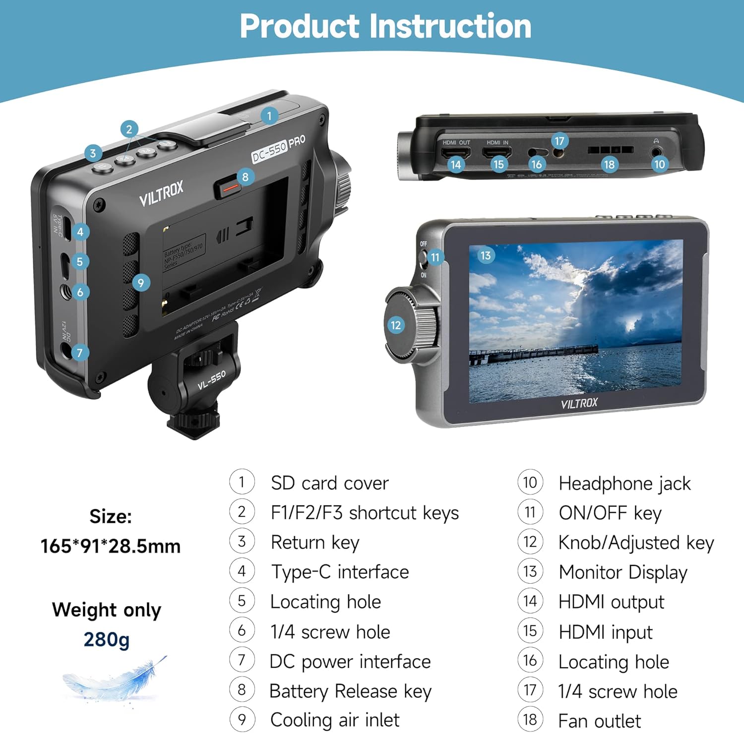 VILTROX DC-550 Touch Screen DSLR Camera Field Monitor 1200 Nits High-Bright 5.5 inch DSLR Camera Monitor with Sunshade Hood/Battery 3D LUT HDR 4K HDMI in and Out Exposure Focus Assist Waveform Monitor - Image 7