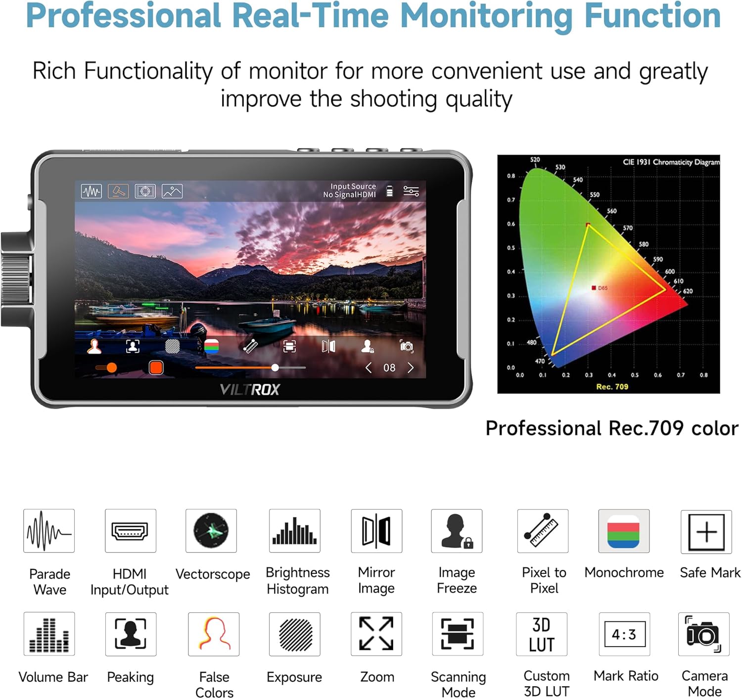 VILTROX DC-550 1200 Nits DSLR Camera Field Monitor, 4K 1920x1080 Touchscreen Portable On-Camera External Video Monitor Kit with Sunshade Hood/Battery 3D LUT DC HDMI Input Output Video Focus Peaking - Image 3