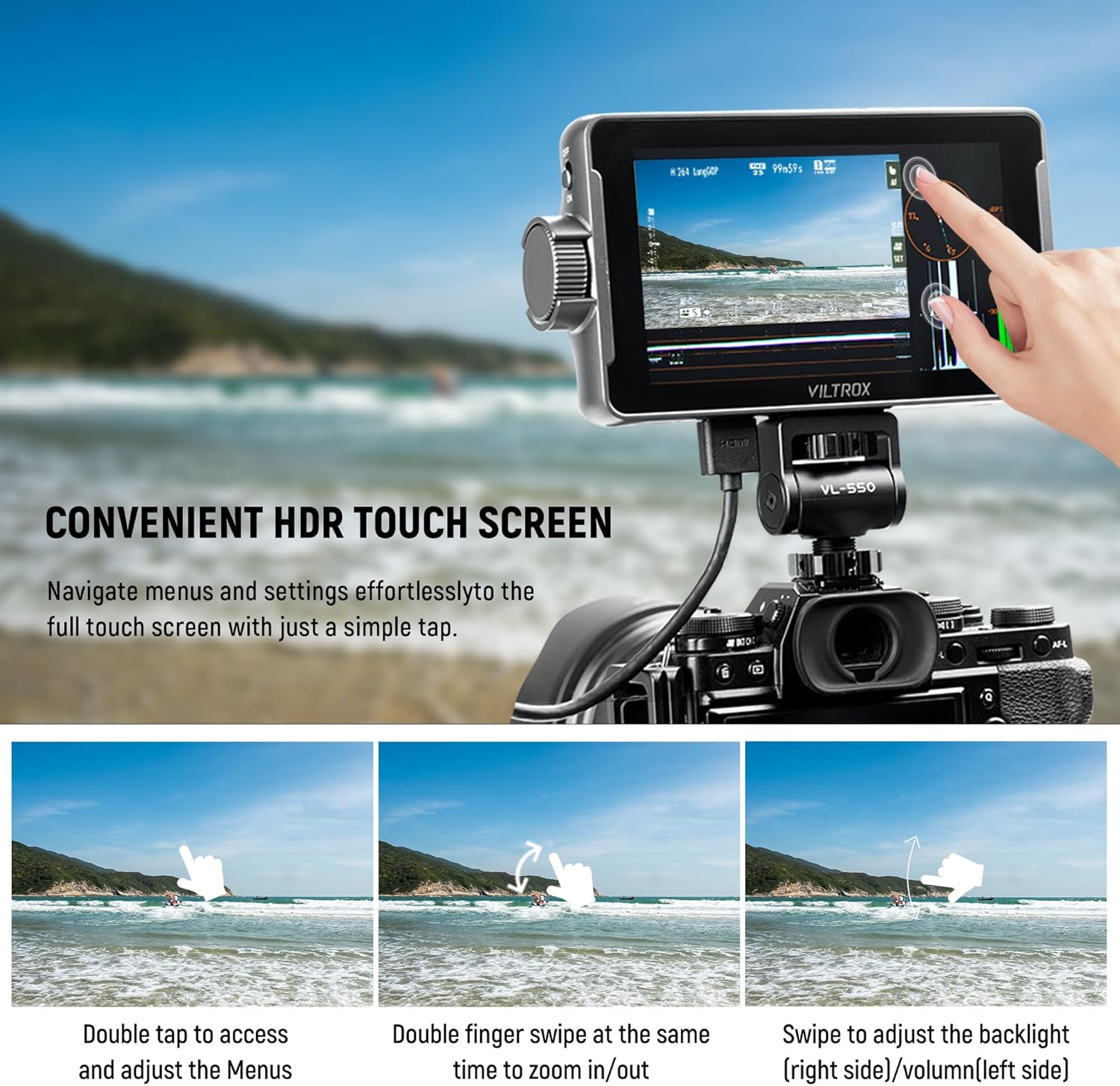 VILTROX DC-550 1200 Nits DSLR Camera Field Monitor, 4K 1920x1080 Touchscreen Portable On-Camera External Video Monitor Kit with Sunshade Hood/Battery 3D LUT DC HDMI Input Output Video Focus Peaking - Image 4