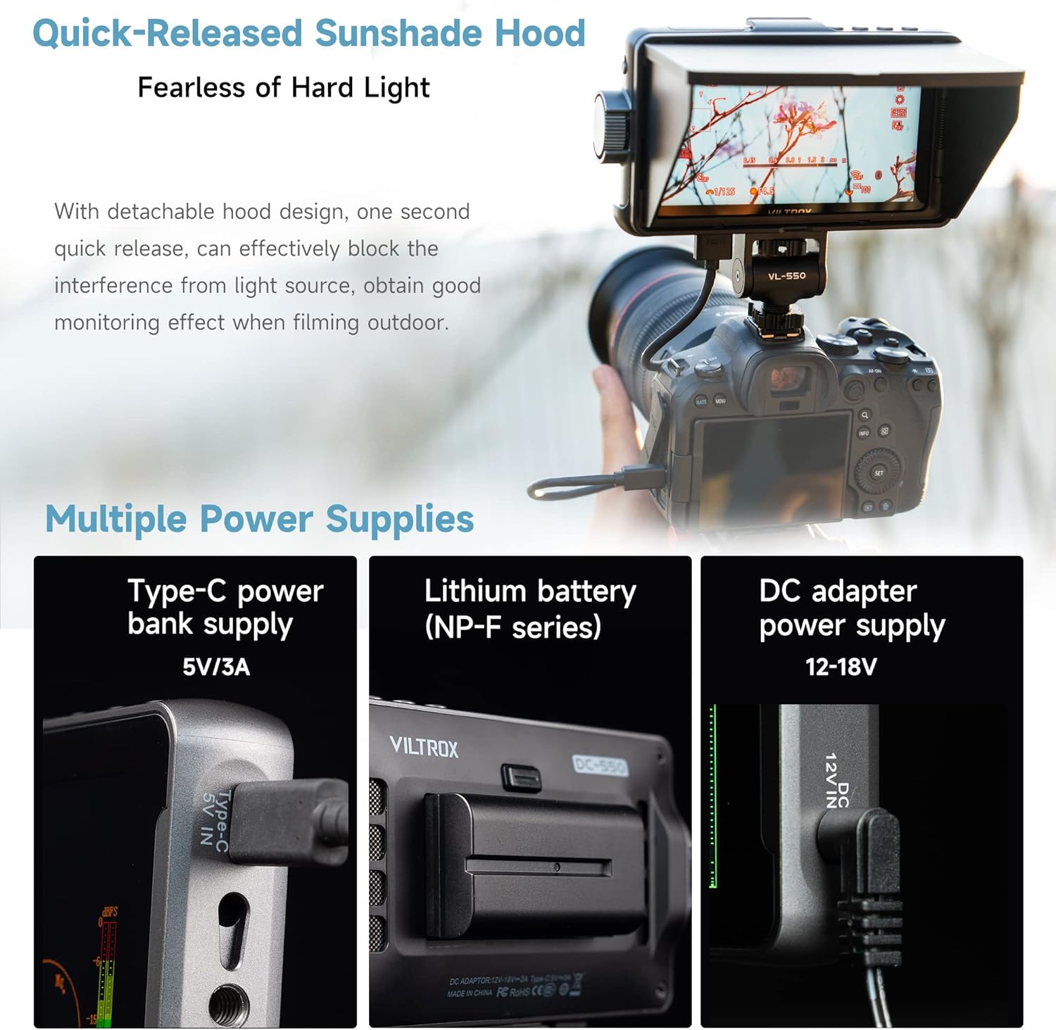 VILTROX DC-550 1200 Nits DSLR Camera Field Monitor, 4K 1920x1080 Touchscreen Portable On-Camera External Video Monitor Kit with Sunshade Hood/Battery 3D LUT DC HDMI Input Output Video Focus Peaking - Image 6