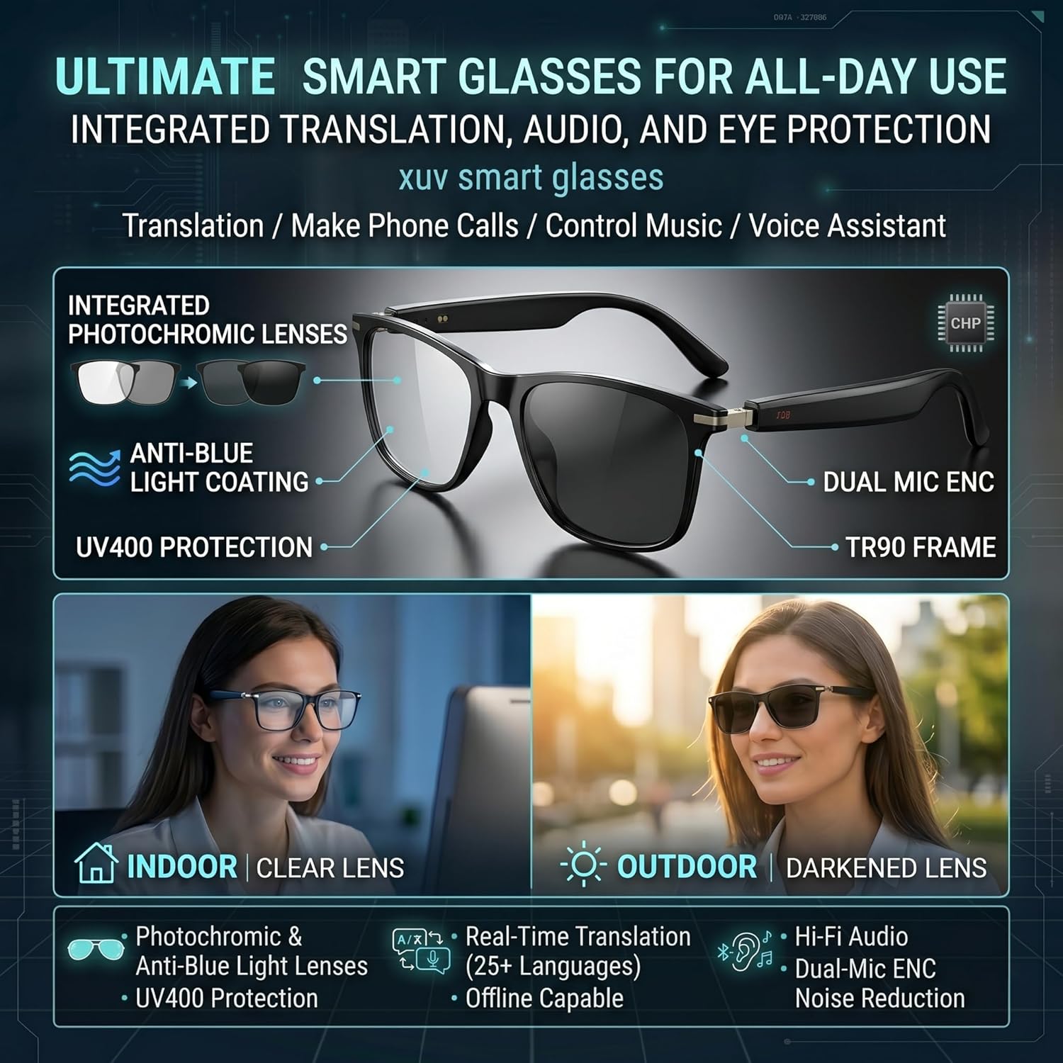 XUV Smart Glasses for Men, IP65 Waterproof Al Translator Glasses with Lightweight Open, Real-Time Translation, Recording Glasses for Travel, Sports, Outdoor and Hands-Free Daily Use - Image 3