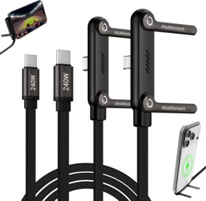 Invisible Holder Charger Cable, 240W PD Fast Charging Cable for Desk, USB-C to USB-C & USB to Light-ning Cable 4.9 FT with 360° Adjustable Metal Stand, 2 in 1 Holder Charger for Gaming, Office, Home